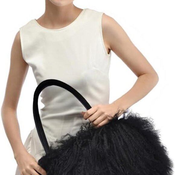 Women Luxury Real Lamb Mongolian Flush Wool Fur With Genuine Leather Handles Han - Picture 8 of 9